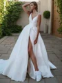 A-Line/Princess V-neck Sweep Train Satin Wedding Dresses With Leg Slit