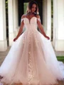 A-Line/Princess Off-the-Shoulder Chapel Train Tulle Wedding Dresses