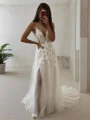 A-Line/Princess V-neck Court Train Tulle Wedding Dresses With Leg Slit