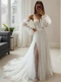 A-Line/Princess Straps Court Train Tulle Wedding Dresses With Leg Slit