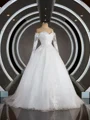 A-Line/Princess Off-the-Shoulder Sweep Train Tulle Wedding Dresses with Appliques Lace
