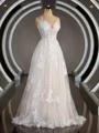 A-Line/Princess V-neck Sweep Train Lace Wedding Dresses with Appliques Lace