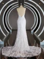 Sheath/Column V-neck Sweep Train Lace Wedding Dresses with Appliques Lace