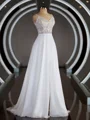 A-Line/Princess V-neck Court Train Chiffon Wedding Dresses with Leg Slit