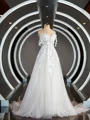 A-Line/Princess Off-the-Shoulder Chapel Train Tulle Wedding Dresses with Appliques Lace