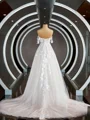 A-Line/Princess Off-the-Shoulder Chapel Train Tulle Wedding Dresses with Appliques Lace