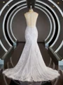 Sheath/Column Scoop Court Train Lace Wedding Dresses with Appliques Lace