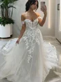 A-line/Princess Off-the-Shoulder Chapel Train Tulle Wedding Dress with Appliques Lace