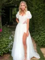 A-line Square Short Sleeves Sweep Train Tulle Corset Wedding Dress