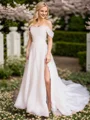 A-line Off-the-Shoulder Pleated Chapel Train Organza Wedding Dress