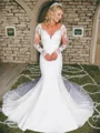 Mermaid Scoop Long Sleeves Appliques Lace Cathedral Train Stretch Crepe Wedding Dress