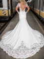 Mermaid Scoop Long Sleeves Appliques Lace Cathedral Train Stretch Crepe Wedding Dress