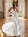 Sheath V-neck Pleated Chapel Train Satin Wedding Dress