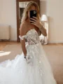 A-line Off-the-Shoulder Appliques Lace Court Train Tulle Corset Wedding Dress
