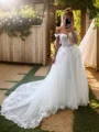A-line Off-the-Shoulder Appliques Lace Chapel Train Tulle Wedding Dress