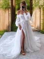 A-line Off-the-Shoulder Long Sleeves Appliques Lace Court Train Tulle Corset Wedding Dress