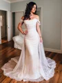 Sheath Off-the-Shoulder Pleated Chapel Train Corset Wedding Dress