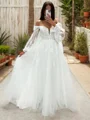 A-line Off-the-Shoulder Long Sleeves Appliques Lace Floor-Length Tulle Corset Wedding Dress