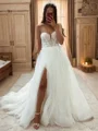 A-line Sweetheart Long Sleeves Appliques Lace Court Train Tulle Corset Convertible Wedding Dress