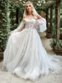 A-line Off-the-Shoulder Long Sleeves Appliques Lace Chapel Train Tulle Corset Wedding Dress