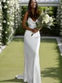 Sheath/Column NS Elastic Woven Satin Ruched Spaghetti Straps Sweep Train Sleeveless Wedding Dresses