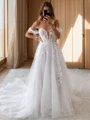 A-line Sweetheart Appliques Lace Chapel Train Tulle Corset Convertible Wedding Dress