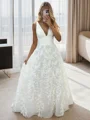 A-line V-neck Appliques Lace Floor-Length Stretch Crepe Wedding Dress