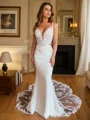 Sheath V-neck Appliques Lace Cathedral Train Stretch Crepe Wedding Dress