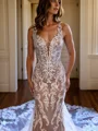 Sheath V-neck Appliques Lace Cathedral Train Lace Wedding Dress