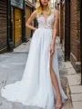 A-line V-neck Appliques Lace Cathedral Train Tulle Wedding Dress