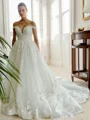 A-line Off-the-Shoulder Appliques Lace Cathedral Train Tulle Wedding Dress