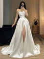 A-line Straight Pleated Court Train Satin Wedding Dress