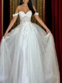 A-line Off-the-Shoulder Appliques Lace Floor-Length Tulle Corset Wedding Dress
