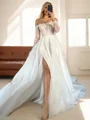 A-line Off-the-Shoulder Long Sleeves Appliques Lace Cathedral Train Organza Corset Wedding Dress