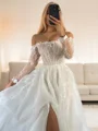 A-line Off-the-Shoulder Long Sleeves Appliques Lace Cathedral Train Organza Corset Wedding Dress