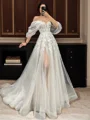A-line Off-the-Shoulder Short Sleeves Appliques Lace Sweep Train Tulle Wedding Dress