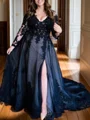 Ball-Gown V-neck Chapel Train Tulle Long Sleeves V Back Wedding Dresses