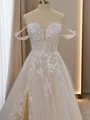A-line Tulle Off-the-Shoulder Appliques Lace Chapel Train Wedding Dress