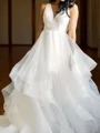 A-line V-neck Cascading Ruffles Court Train Tulle Wedding Dress
