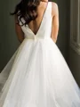 A-line V-neck Cascading Ruffles Court Train Tulle Wedding Dress