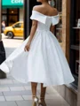 A-line Off-the-Shoulder Pleated Tea-Length Satin Wedding Dress