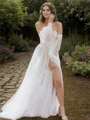 A-line Sweetheart Long Sleeves Appliques Lace Floor-Length Tulle Corset Wedding Dress
