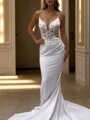 Sheath V-neck Appliques Lace Cathedral Train Stretch Crepe Wedding Dress