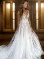 A-line V-neck Appliques Lace Chapel Train Tulle Wedding Dress