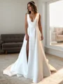 A-line V-neck Court Train Satin Wedding Dress
