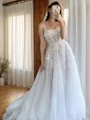 A-line Spaghetti Straps Appliques Lace Court Train Tulle Corset Wedding Dress