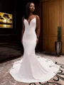 Mermaid V-neck Appliques Lace Cathedral Train Stretch Crepe Wedding Dress