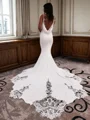 Mermaid V-neck Appliques Lace Cathedral Train Stretch Crepe Wedding Dress