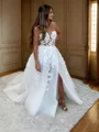 A-line Sweetheart Appliques Lace Chapel Train Tulle Corset Wedding Dress