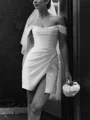 Sheath Off-the-Shoulder Pleated Short/Mini Charmeuse Wedding Dress